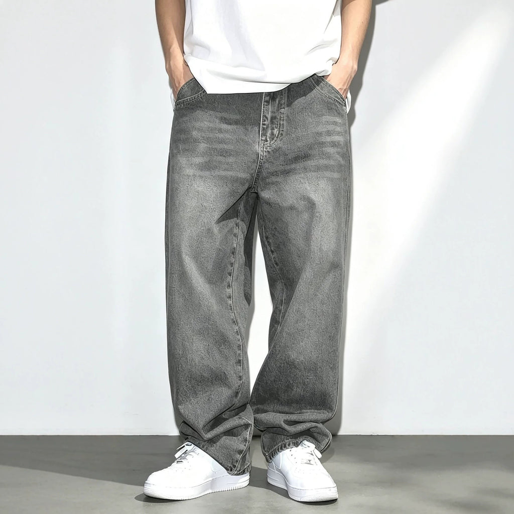Casual Gray Men's Jeans with Distressed Design, Fashion Washed Vintage Look, Summer Style Pants
