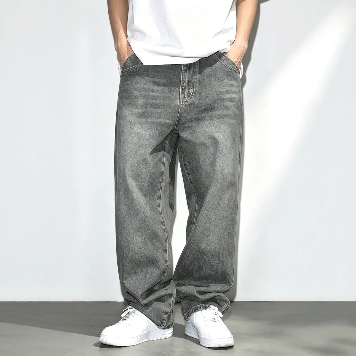 Casual Gray Men's Jeans with Distressed Design, Fashion Washed Vintage Look, Summer Style Pants