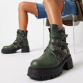 High Heel Thick Sole Belt Buckle Camouflage Low Cut Women's Boots Fashionable Large Made to order, ships in 7 days