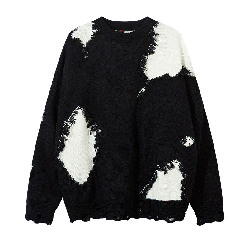 Cat whisker tassel torn hole spliced contrasting sweater