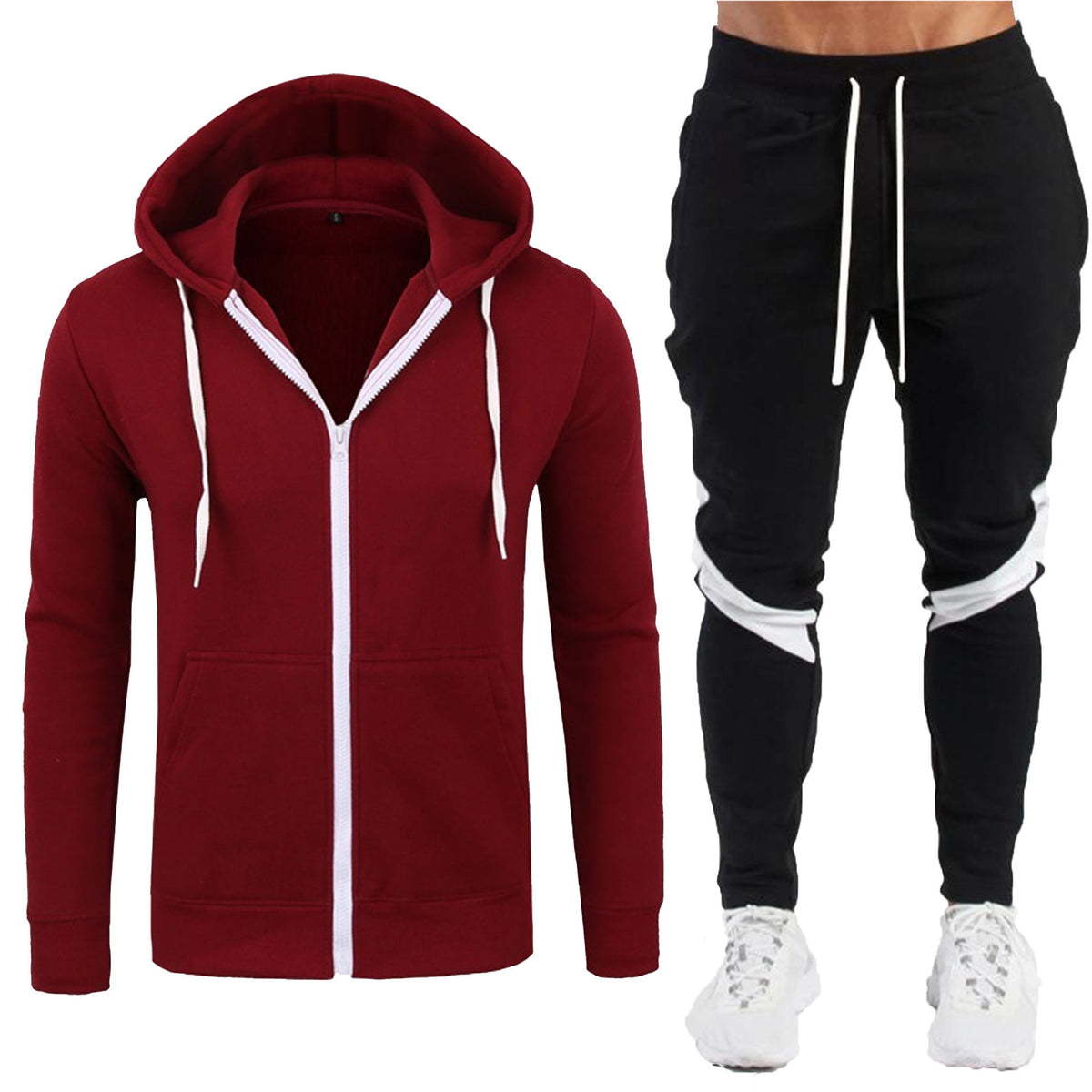 Zipped Loose Outerwear Hoodie Fitness Wear Casual Sport Long Pants Set for Men