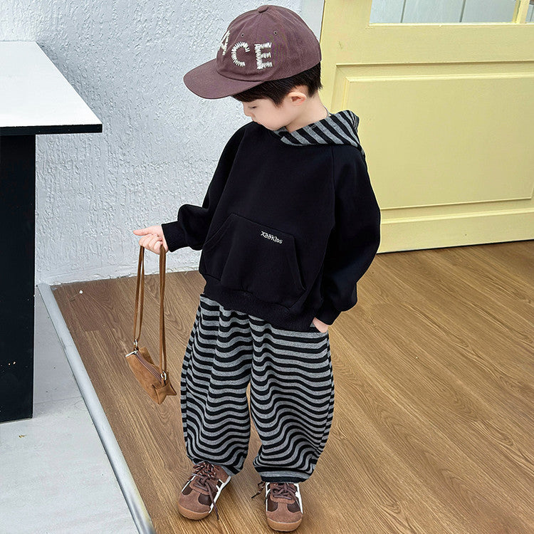Boys' Striped Hooded Sweatshirt and Sweatpants Tracksuit Set Spring Autumn