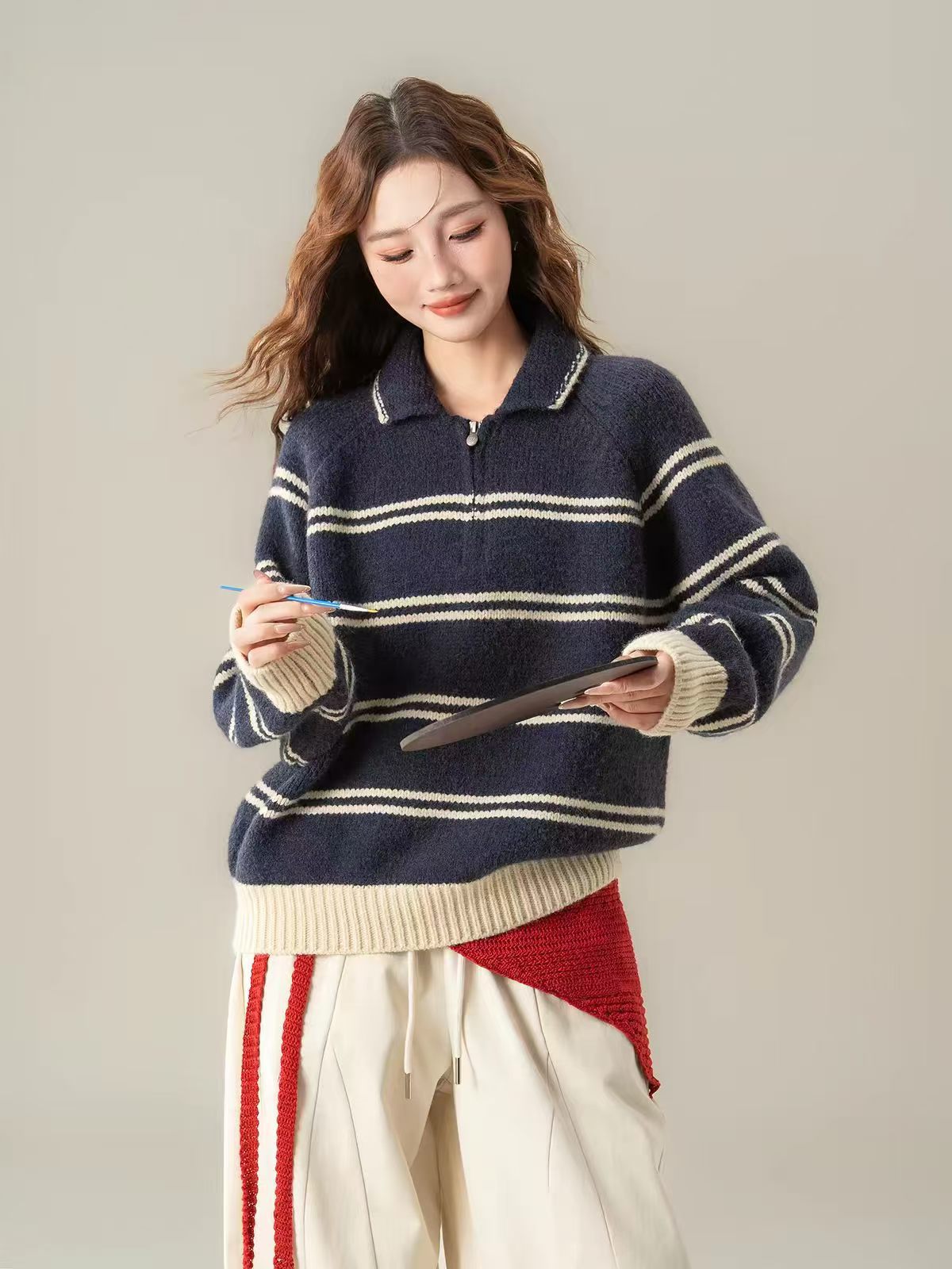 striped half-zip stand-up collar knit pullover,  versatile youthful feminine sweater for women