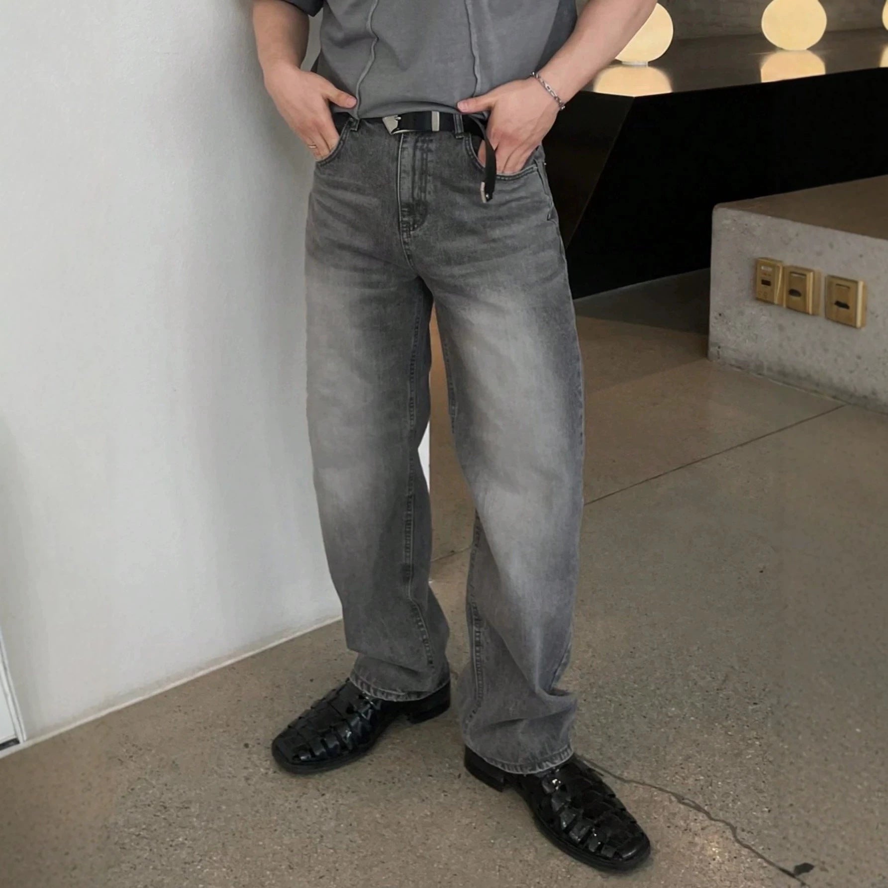 Design Sense Casual Pants for Men Summer Washed Grey Vintage Denim Jeans