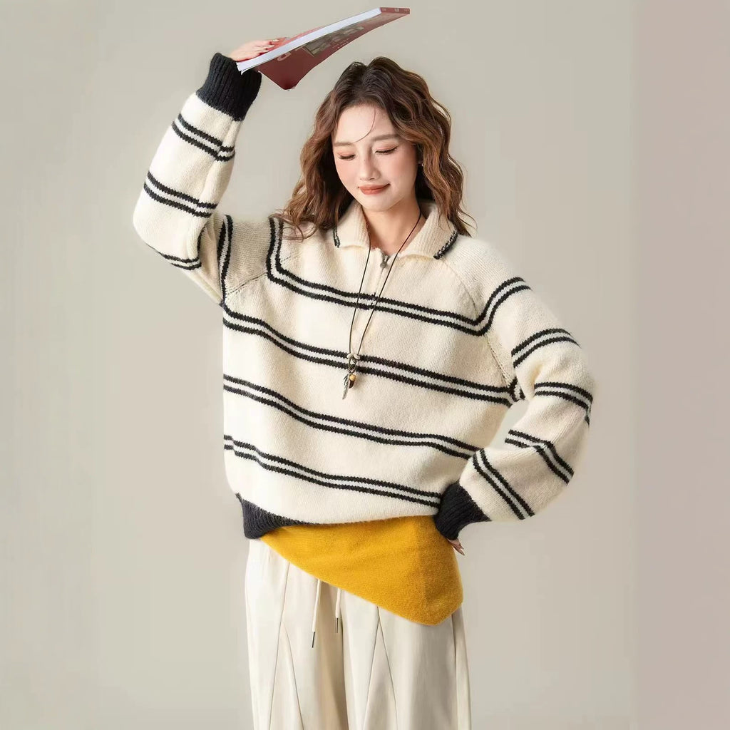 striped half-zip stand-up collar knit pullover,  versatile youthful feminine sweater for women