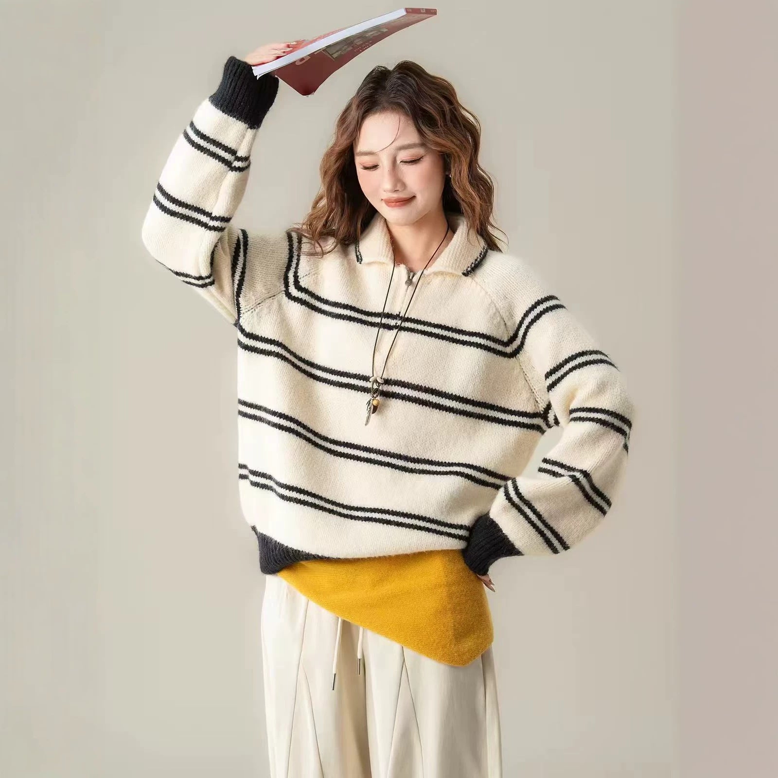striped half-zip stand-up collar knit pullover,  versatile youthful feminine sweater for women