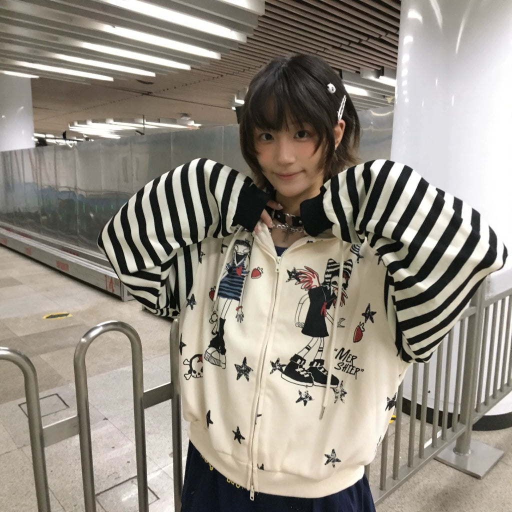 Retro Subculture Cartoon Print Striped Hoodie Women's Loose Soft Girl Cardigan Coat