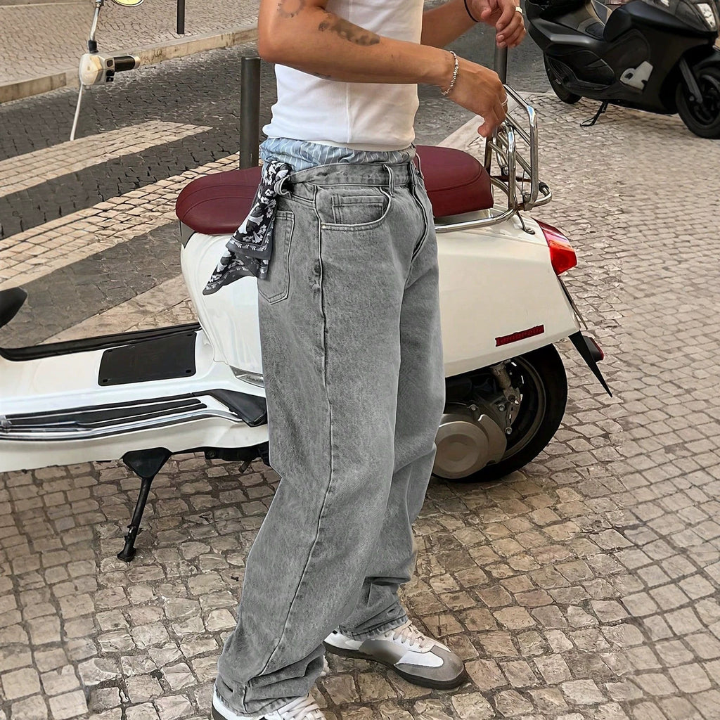 Casual Men's Gray Designer Jeans, Fashion Distressed Vintage Washed Denim Pants