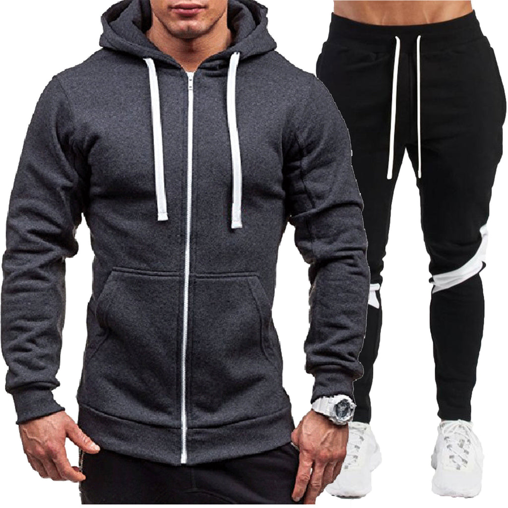 Zipped Loose Outerwear Hoodie Fitness Wear Casual Sport Long Pants Set for Men