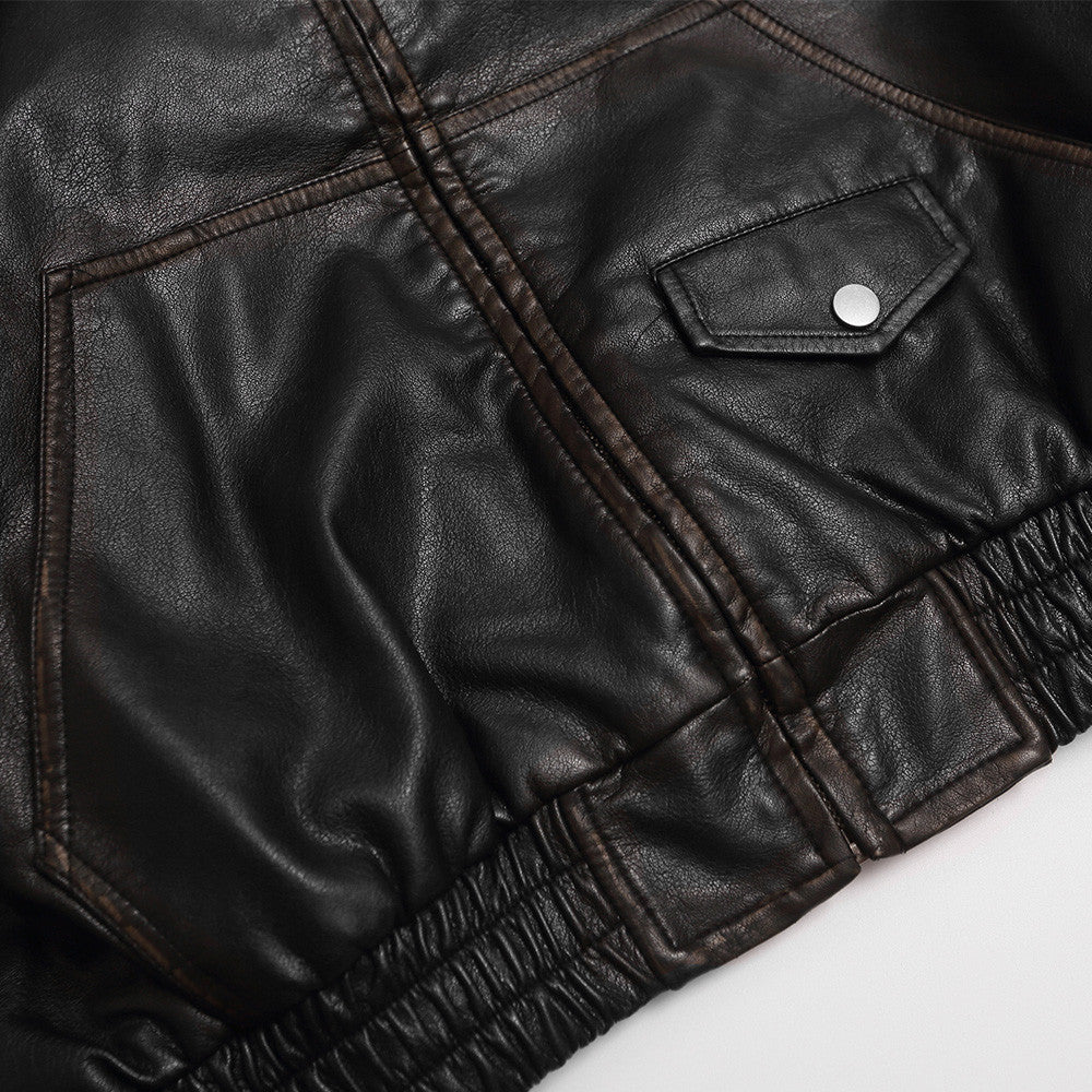 Rubbing edges to make old solid color PU leather jacket jacket
