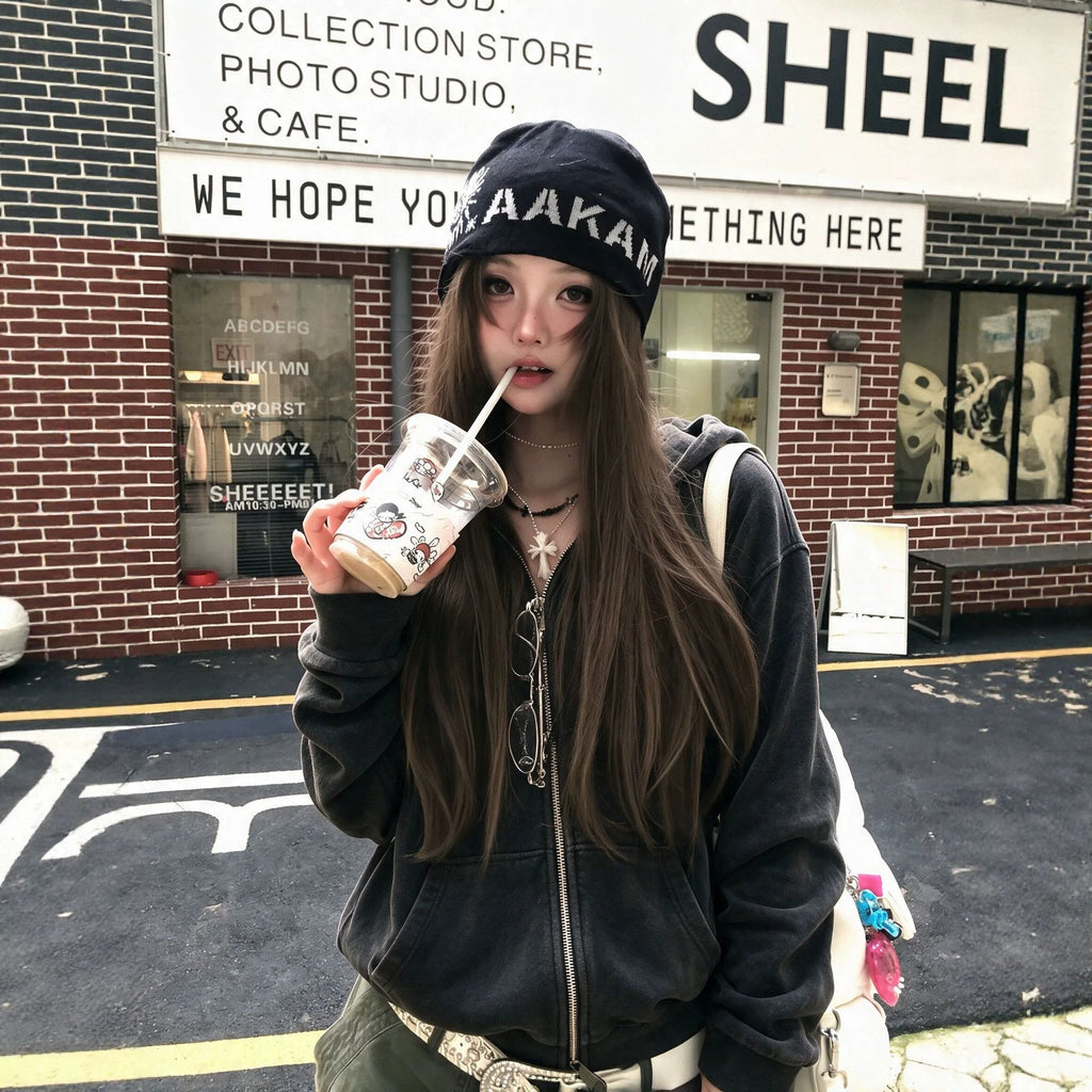 Washed Distressed Black Hooded Sweatshirt Jacket for Women