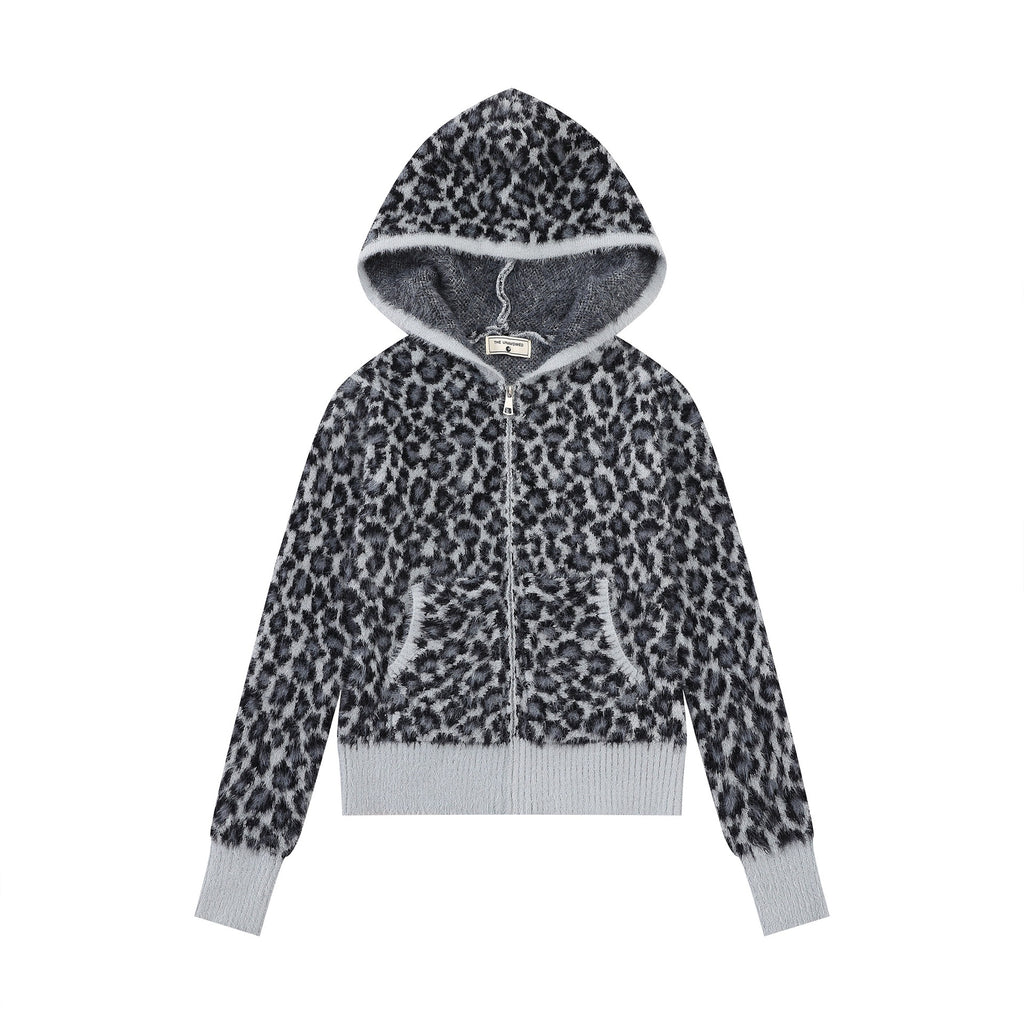 Hooded zipper leopard print sweater