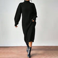 Fashionable Knit Dress for Women, Long Sleeve, High Neck, Crewneck, Solid Color, Long Length, Inner Layer Dress