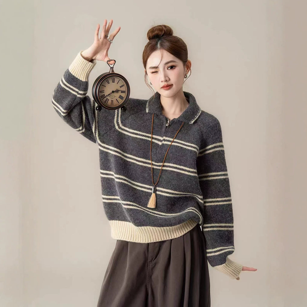 striped half-zip stand-up collar knit pullover,  versatile youthful feminine sweater for women