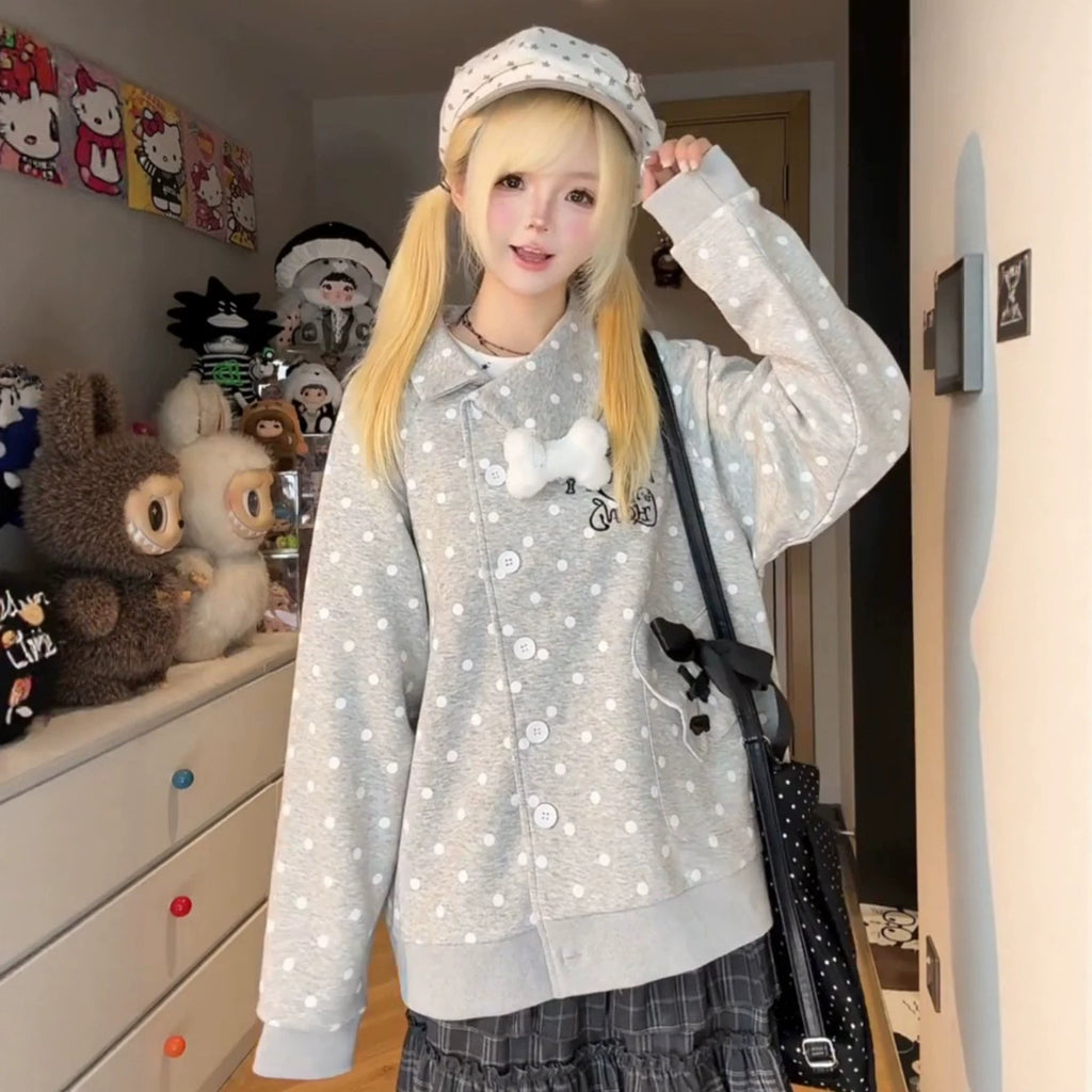polka dot bow irregular placket coat, unique design lapel cardigan