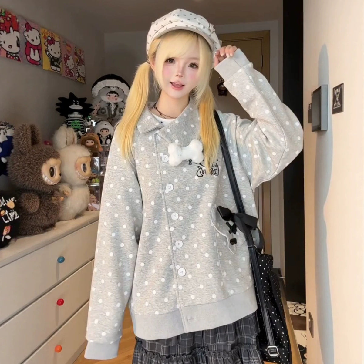 polka dot bow irregular placket coat, unique design lapel cardigan