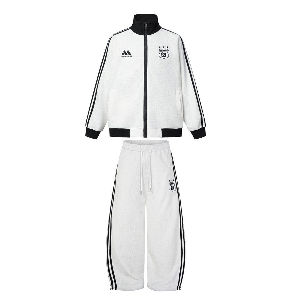 Ribbon splicing three bar standing collar sweatshirt sports suit