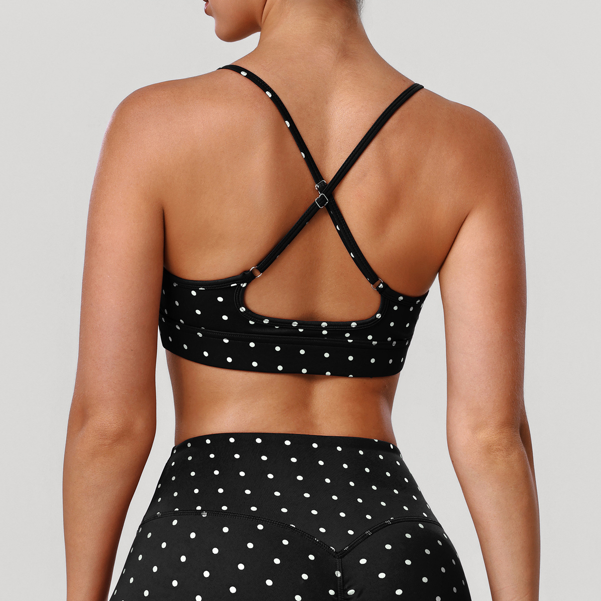 Padded Shockproof Silver-Print Polka Dot Yoga Bra, Thin Straps, High Elastic Sports Bra for Dance and Fitness