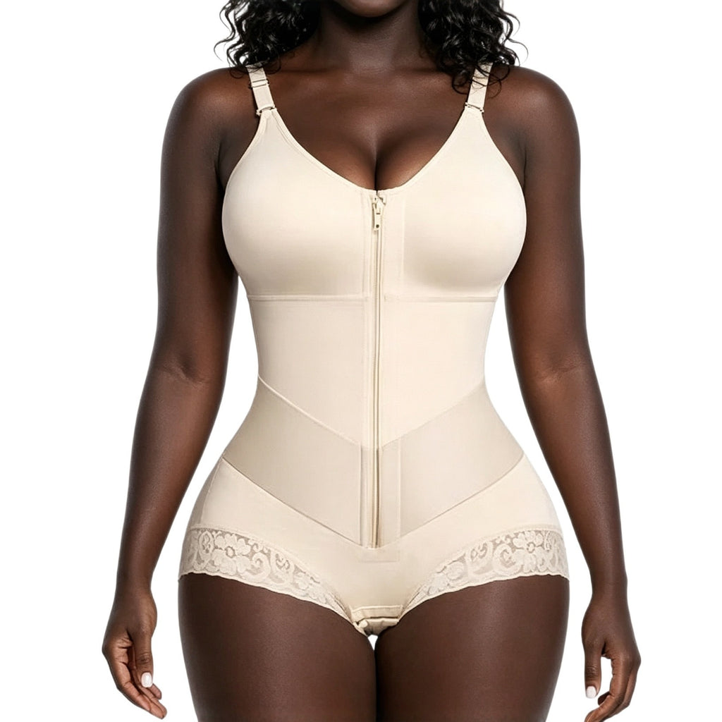 High Waist Lace Trim Shapewear Brief with Thin Straps, Front Zip Diagonal Elastic Waist