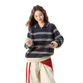 striped half-zip stand-up collar knit pullover,  versatile youthful feminine sweater for women