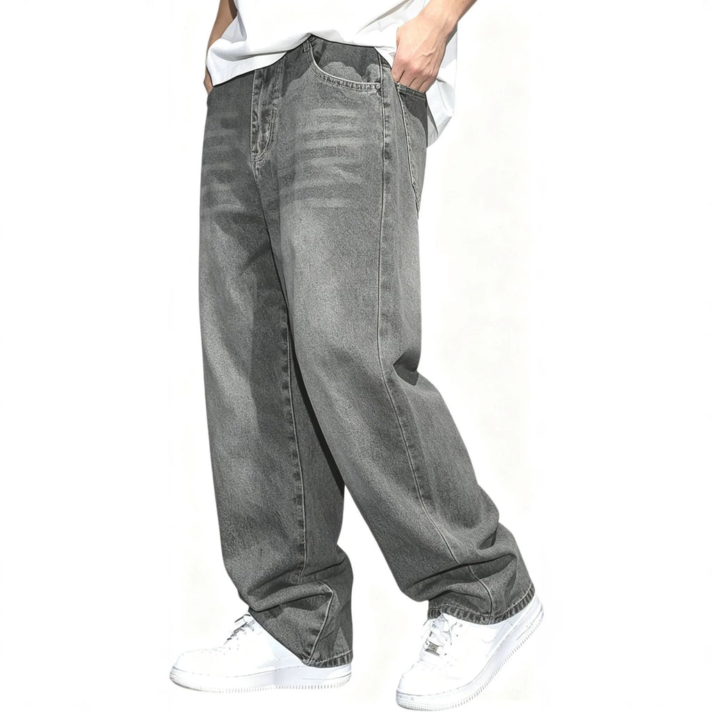 Casual Gray Men's Jeans with Distressed Design, Fashion Washed Vintage Look, Summer Style Pants