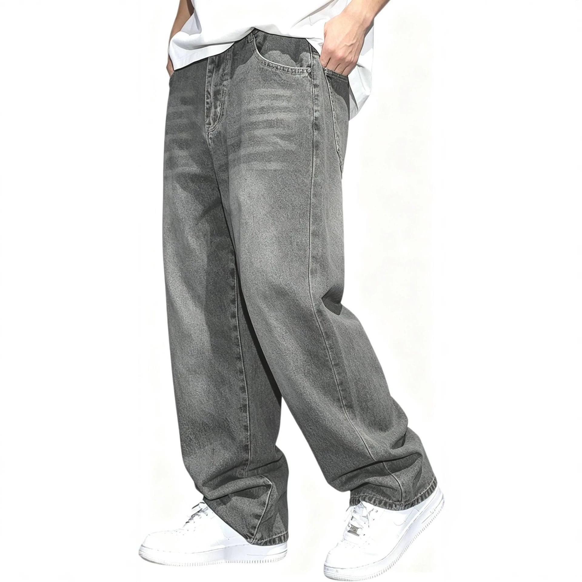 Casual Gray Men's Jeans with Distressed Design, Fashion Washed Vintage Look, Summer Style Pants