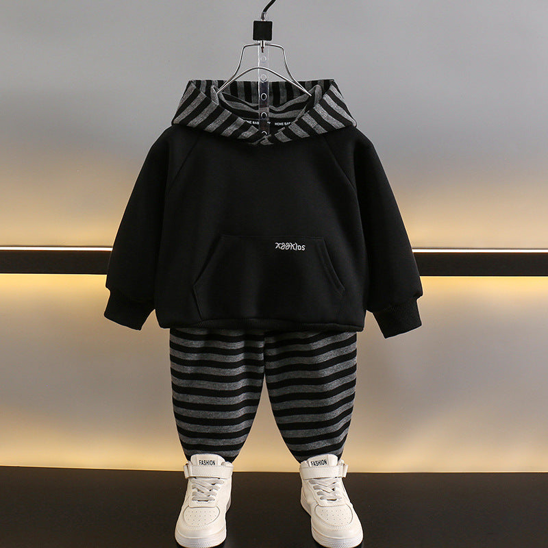 Boys' Striped Hooded Sweatshirt and Sweatpants Tracksuit Set Spring Autumn