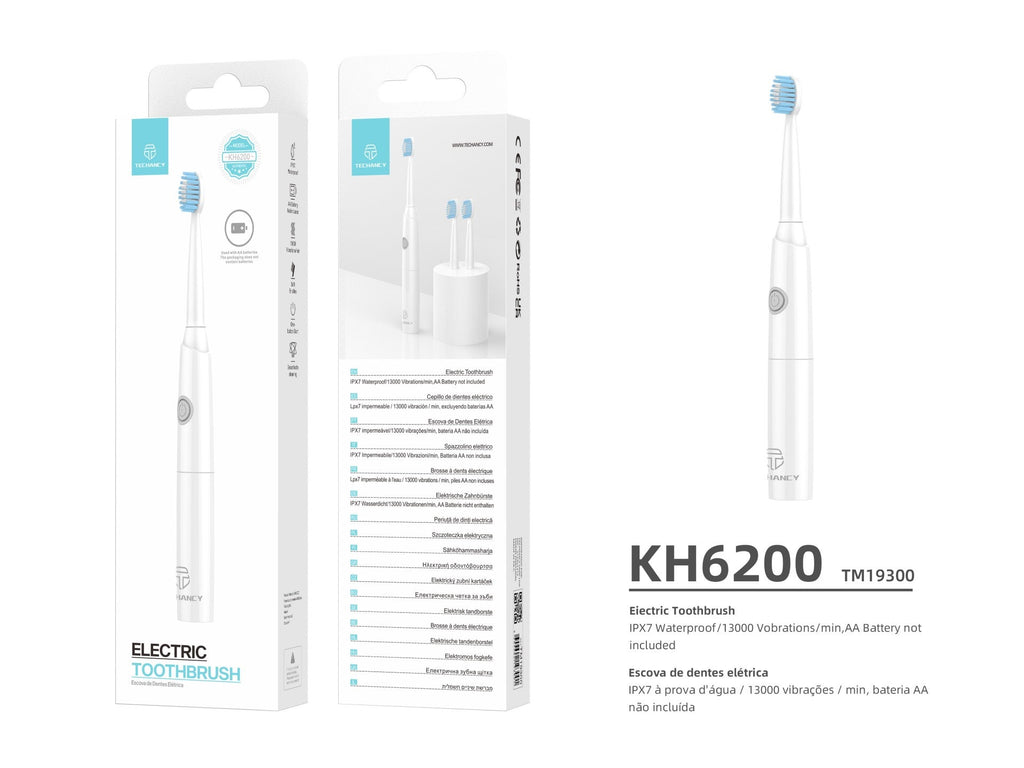Techancy Escova De Dentes Eléctrica Branca KH6200, Limpa Dentes Com Vibração, Cabeça De Escova Substituível, Pilha AA