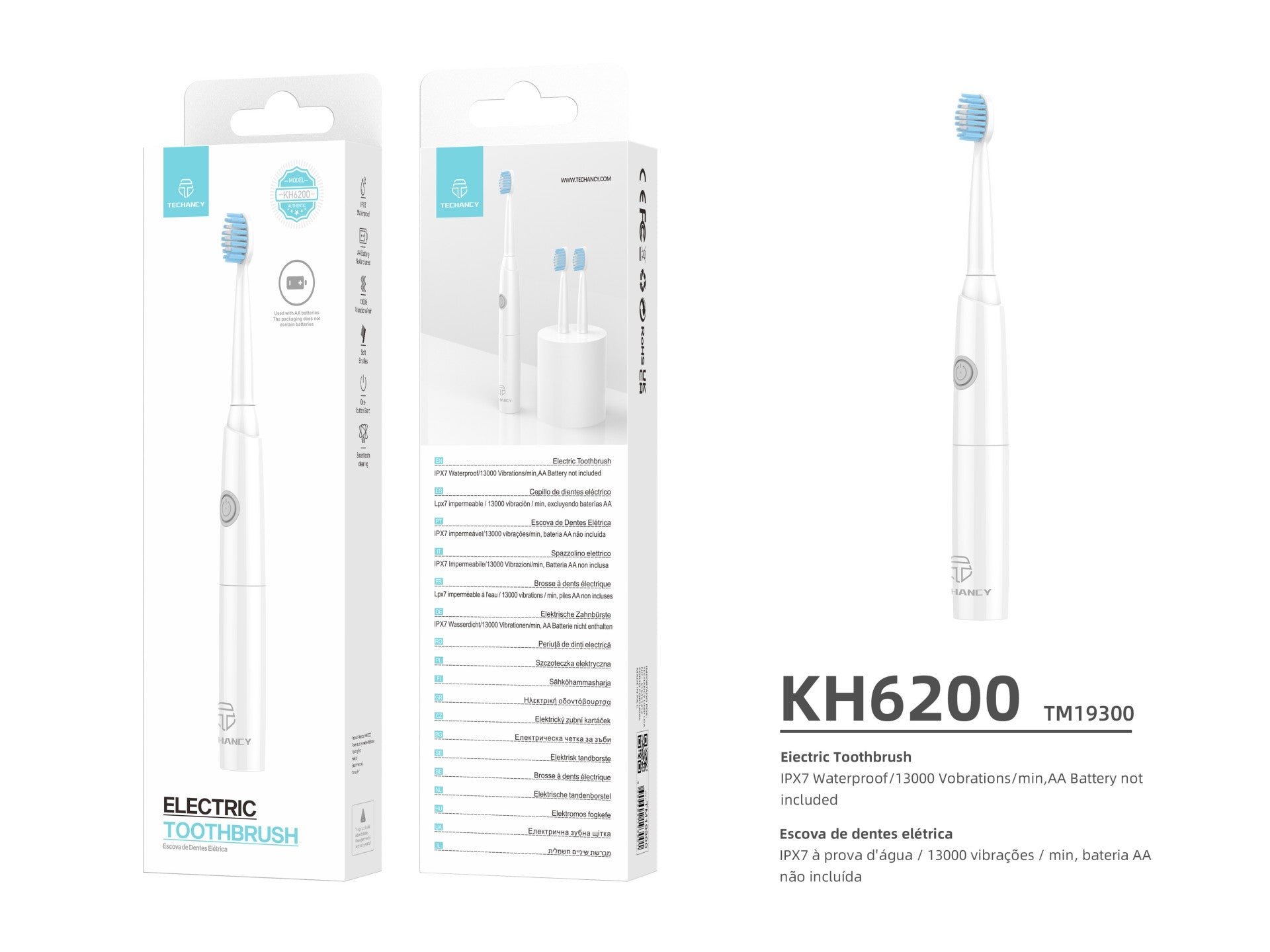 Techancy Escova De Dentes Eléctrica Branca KH6200, Limpa Dentes Com Vibração, Cabeça De Escova Substituível, Pilha AA