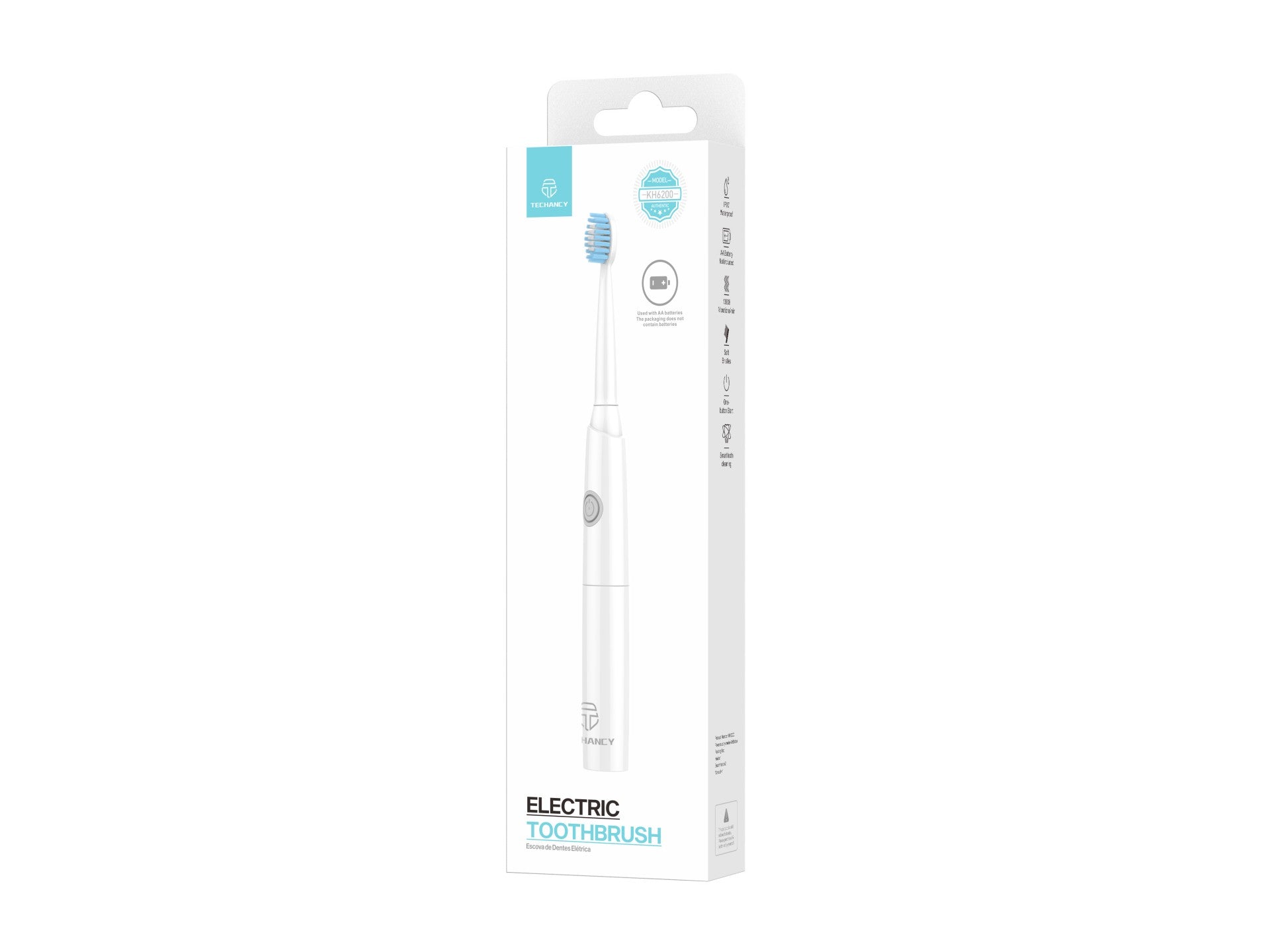 Techancy Escova De Dentes Eléctrica Branca KH6200, Limpa Dentes Com Vibração, Cabeça De Escova Substituível, Pilha AA